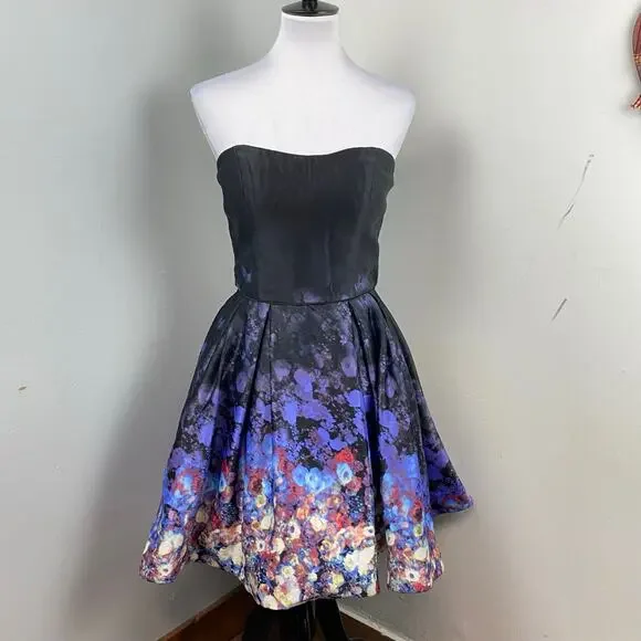 Betsy & Adam Black Satin Floral Strapless Fit & Flare Party Dress Size 10 - Picture 3 of 11
